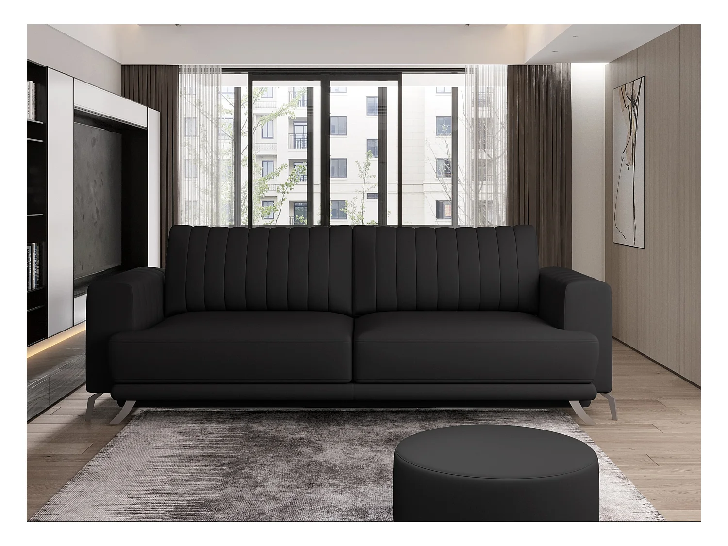 Canapé convertible design 3-4 places simili cuir noir et pieds acier chromé Eliza 250cm