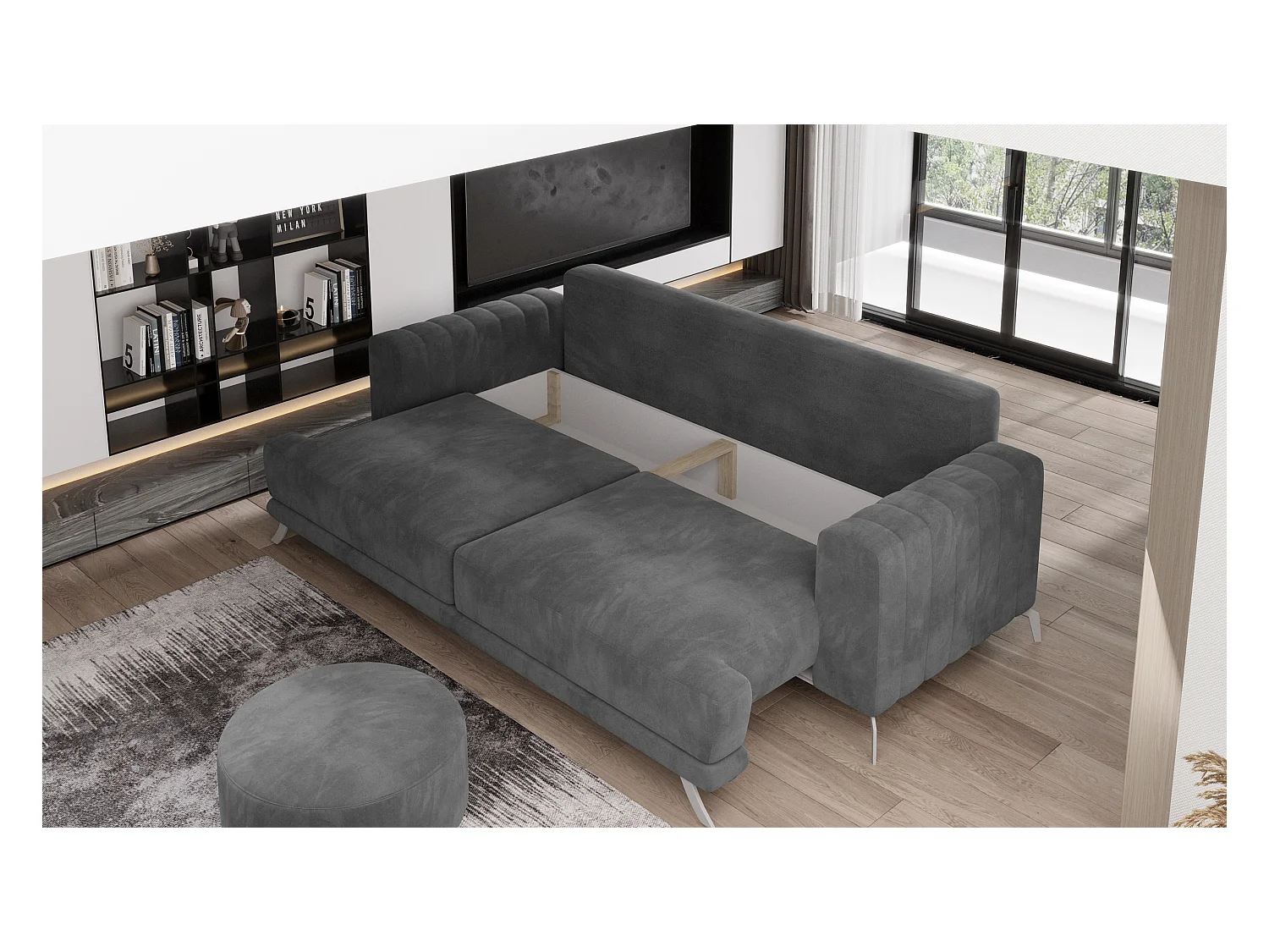 Canapé convertible design 3-4 places simili cuir noir et pieds acier chromé Eliza 250cm