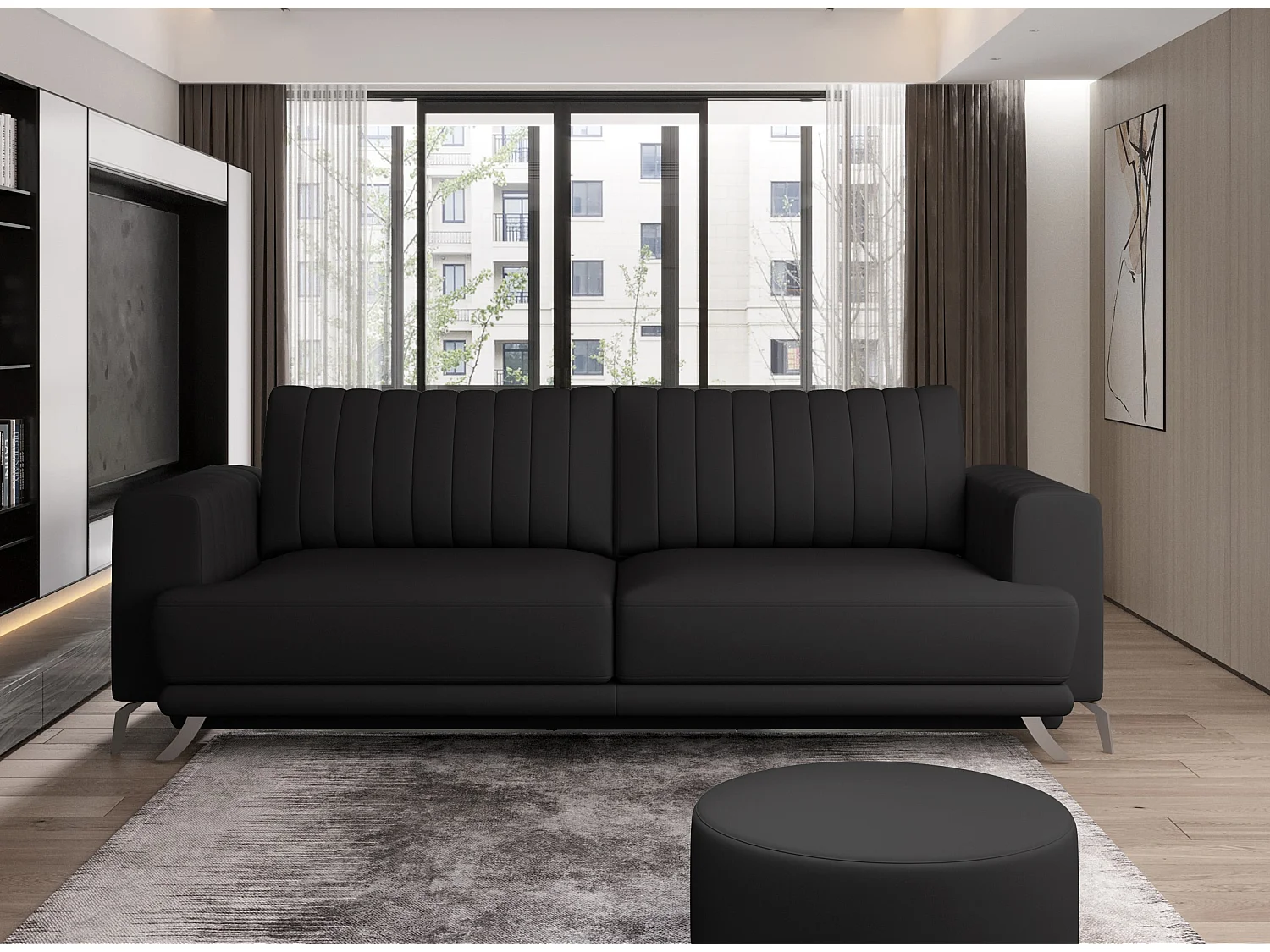 Canapé convertible design 3-4 places simili cuir noir et pieds acier chromé Eliza 250cm