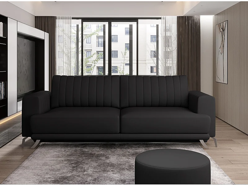 Canapé convertible design 3-4 places simili cuir noir et pieds acier chromé Eliza 250cm