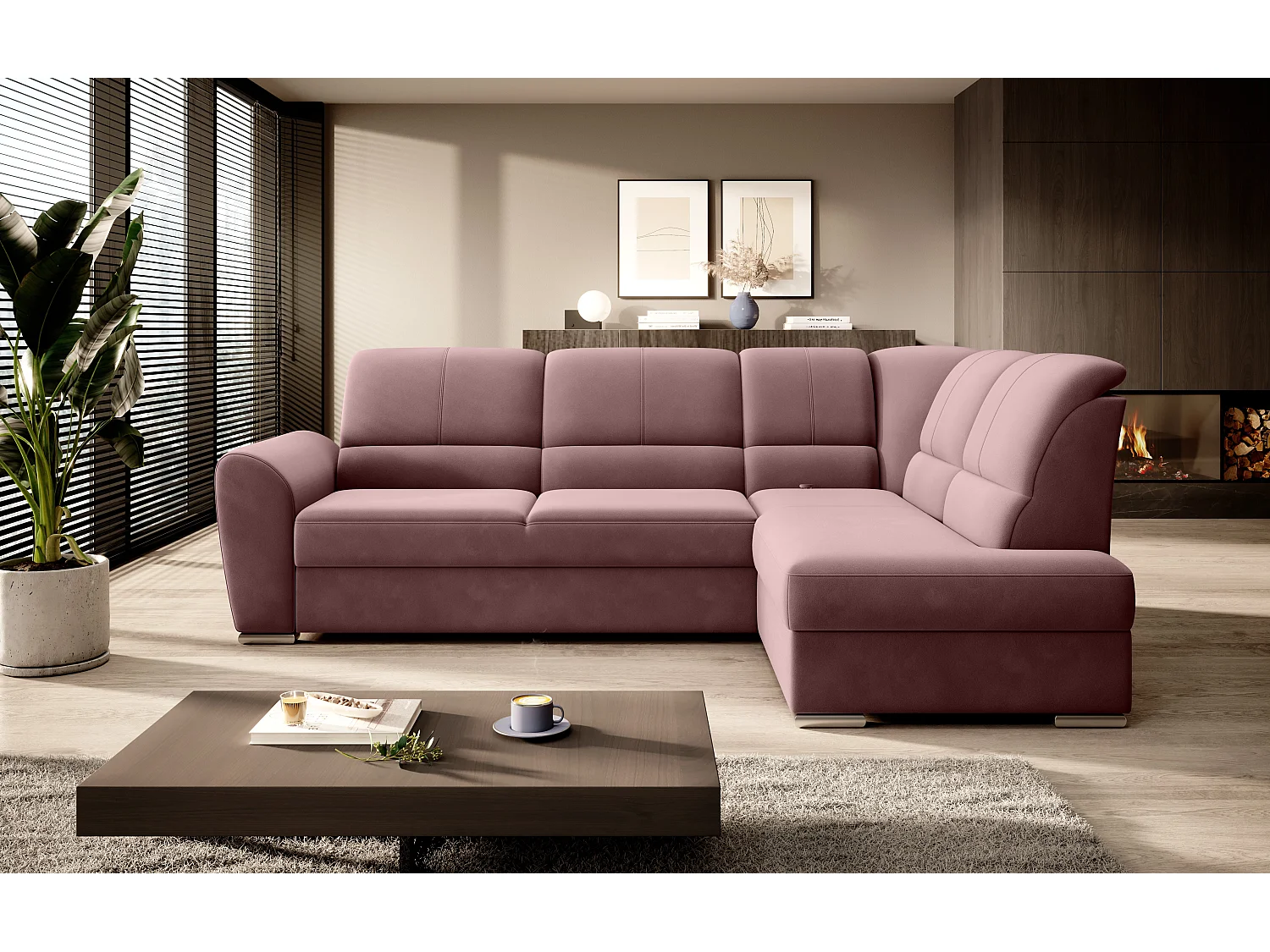 Canapé angle droit convertible velours rose cuivré et pieds acier chromé Zabor 270cm