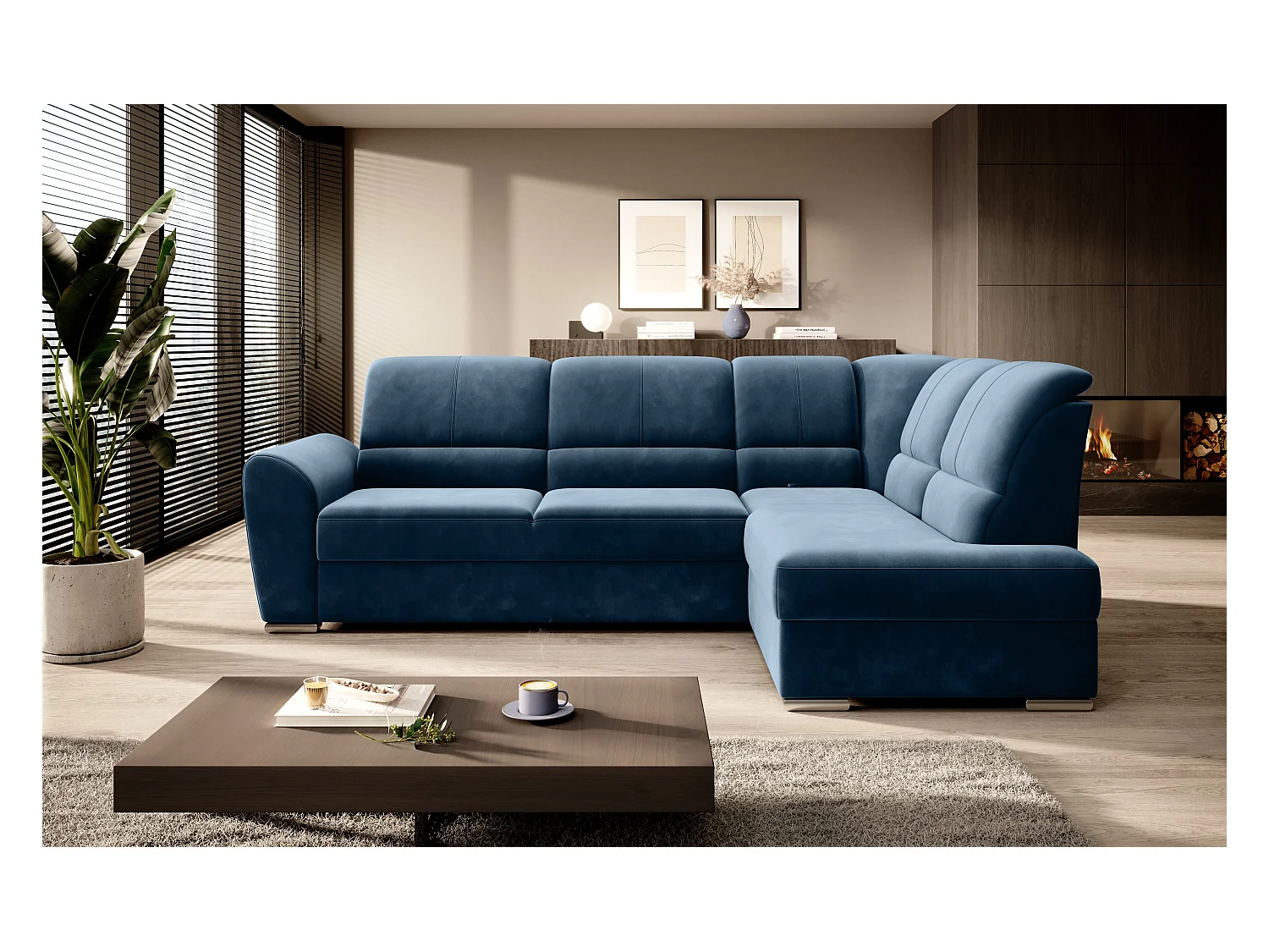 Canapé angle droit convertible tissu bleu foncé et pieds acier chromé Zabor 270cm