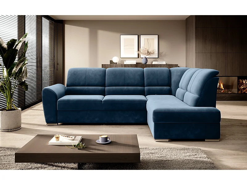 Canapé angle droit convertible tissu bleu foncé et pieds acier chromé Zabor 270cm