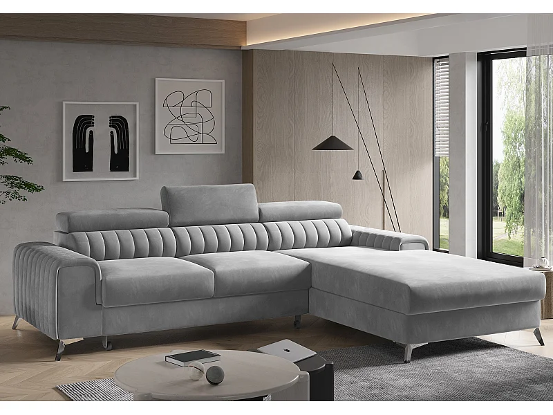 Canapé convertible angle droit velours gris clair Grenky 276cm