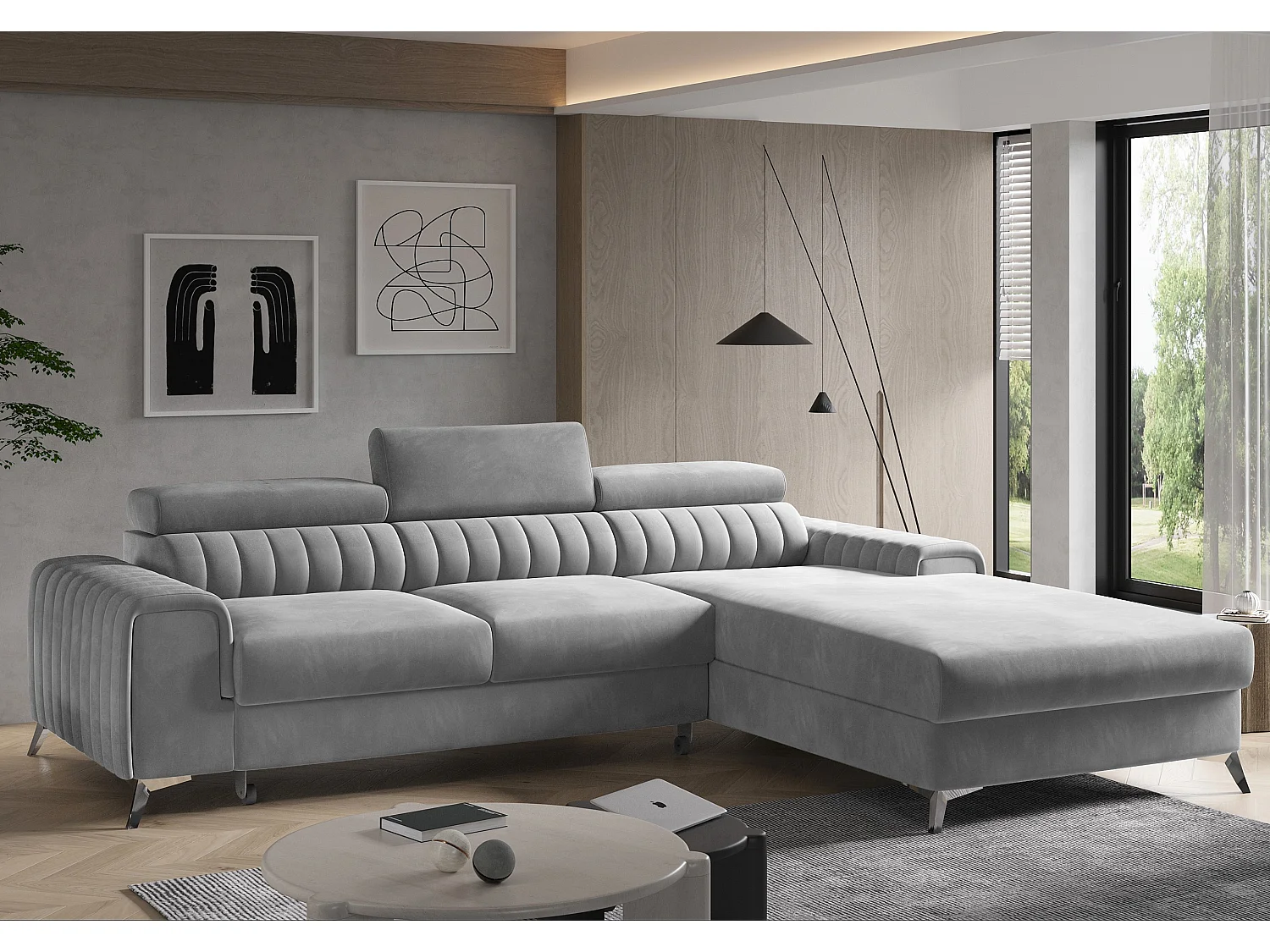 Canapé convertible angle droit velours gris clair Grenky 276cm