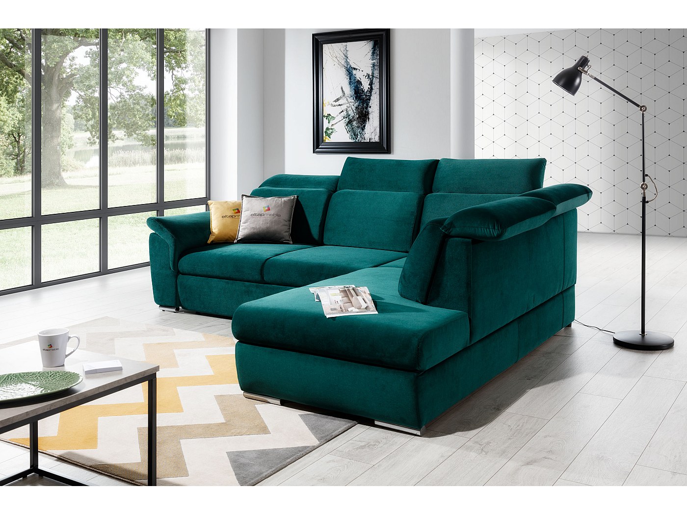 Canapé angle droit convertible velours noir avec appuis-tête réglables