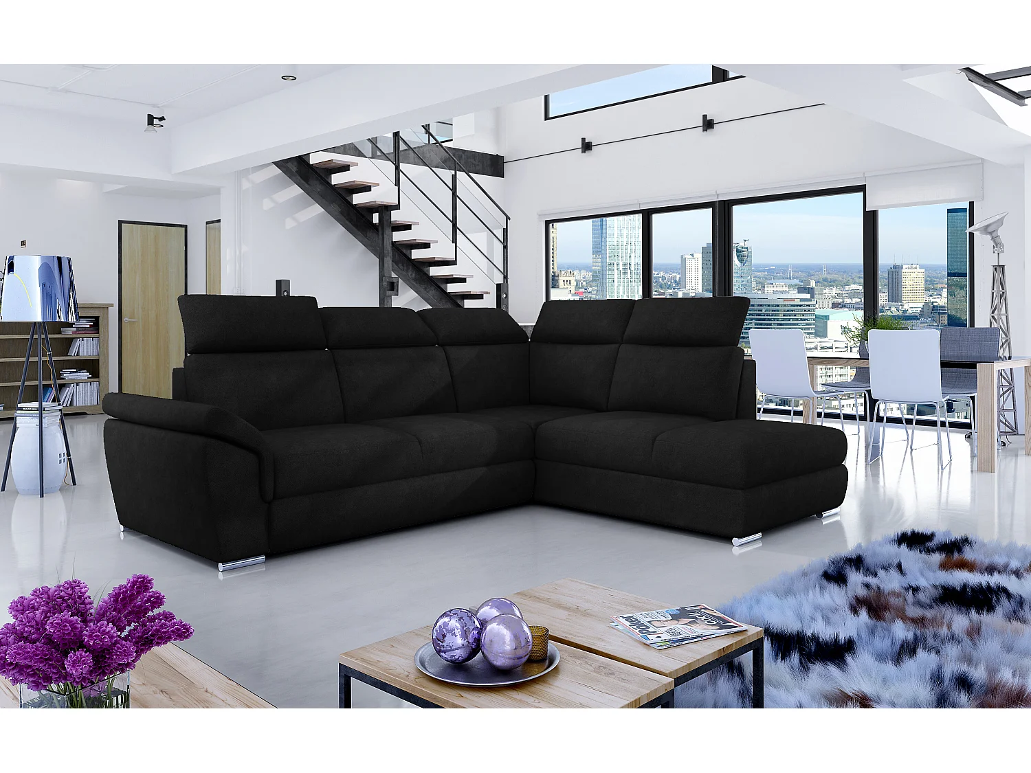 Canapé angle droit convertible velours noir avec appuis-tête réglables Kepita 260cm