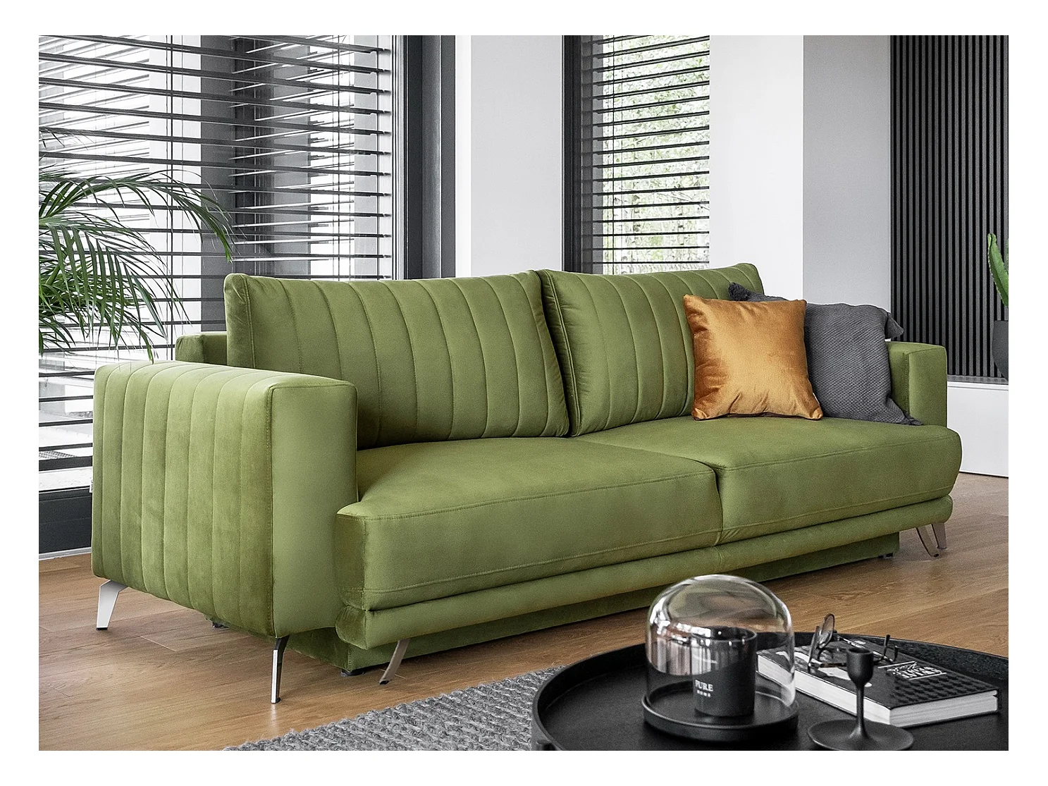 Canapé convertible design 3-4 places velours vert kaki et pieds acier chromé Eliza 250cm