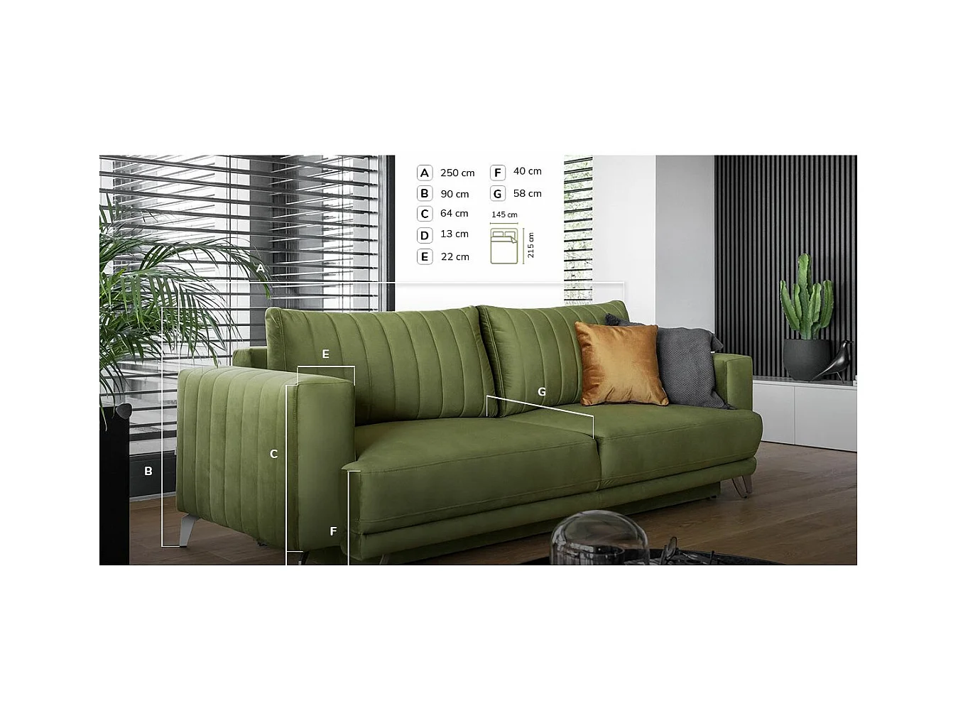 Designer 3/4-zits slaapbank in kakigroen fluweel en chroomstalen poten Eliza 250 cm