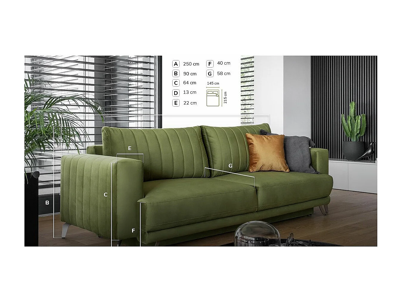 Canapé convertible design 3-4 places velours vert kaki et pieds acier chromé Eliza 250cm