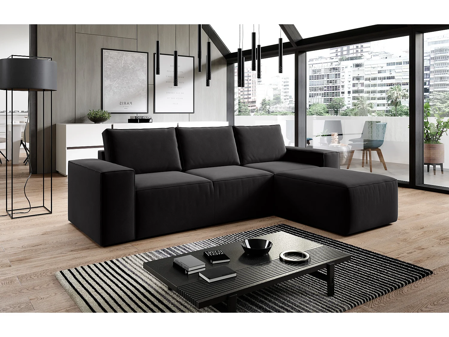 Canapé d'angle droit convertible moderne velours noir Willace 302cm