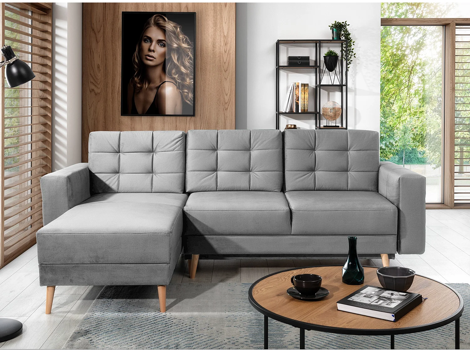 Canapé d'angle réversible et convertible velours gris clair Anska 235cm