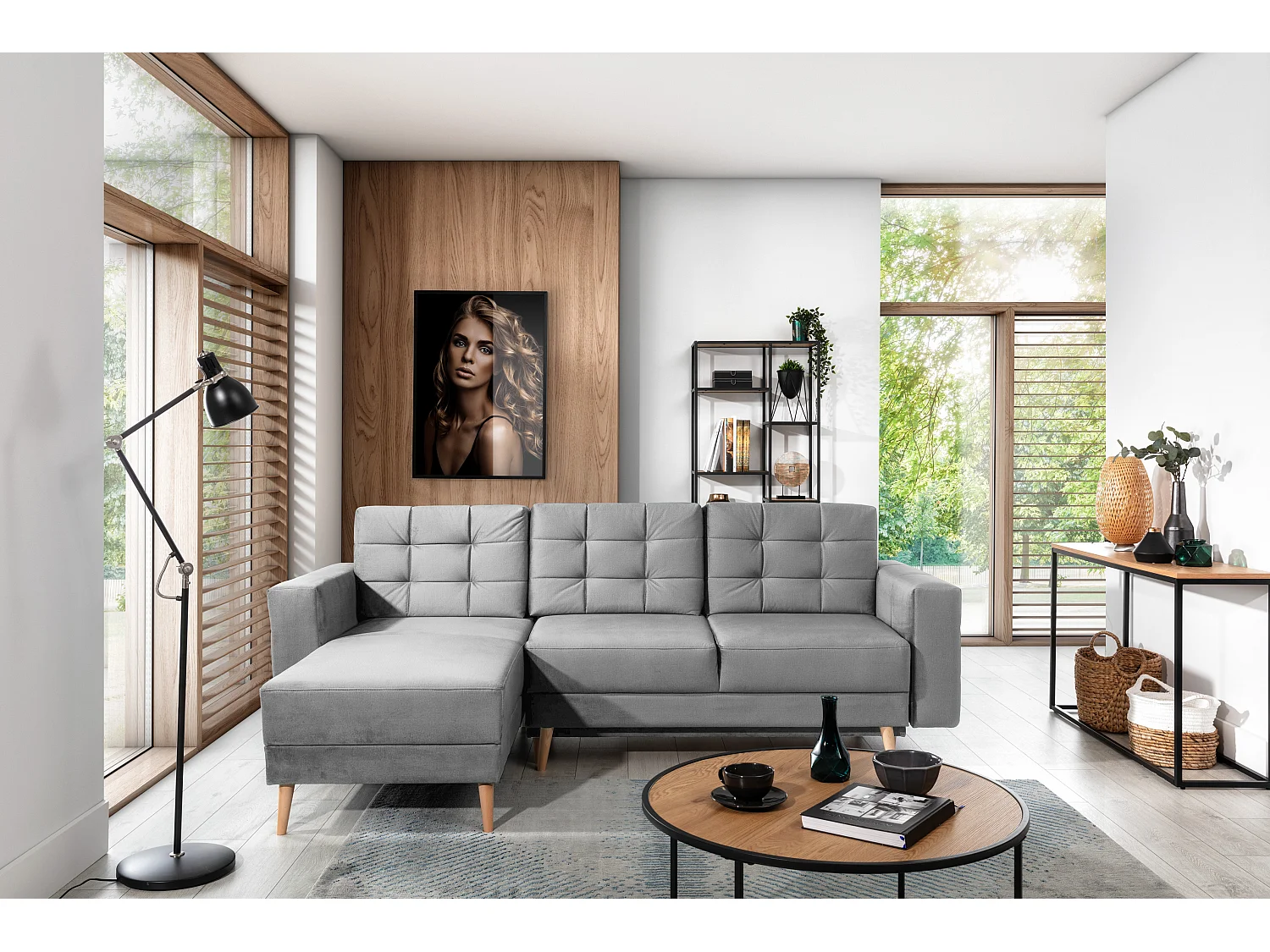 Canapé d'angle réversible et convertible velours gris clair Anska 235cm