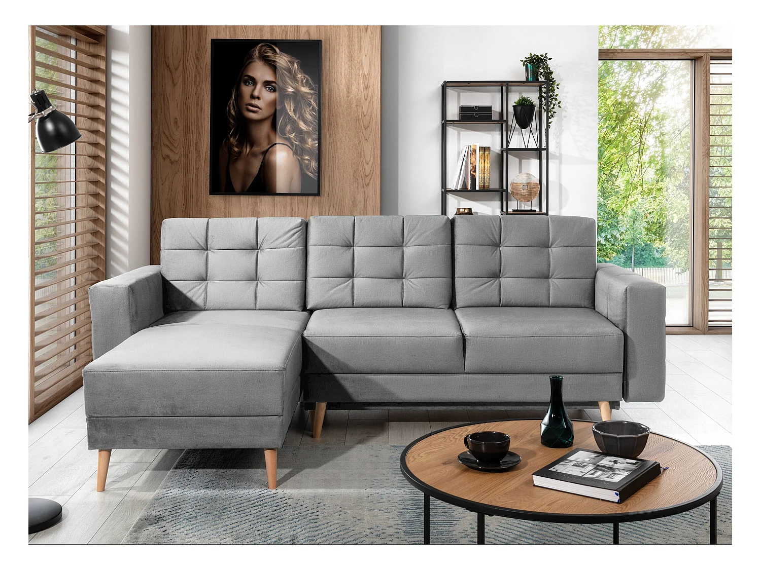 Canapé d'angle réversible et convertible velours gris clair Anska 235cm