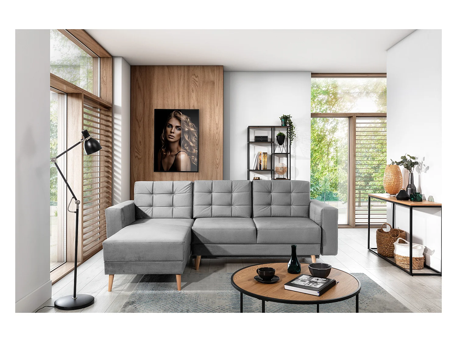 Canapé d'angle réversible et convertible velours gris clair Anska 235cm