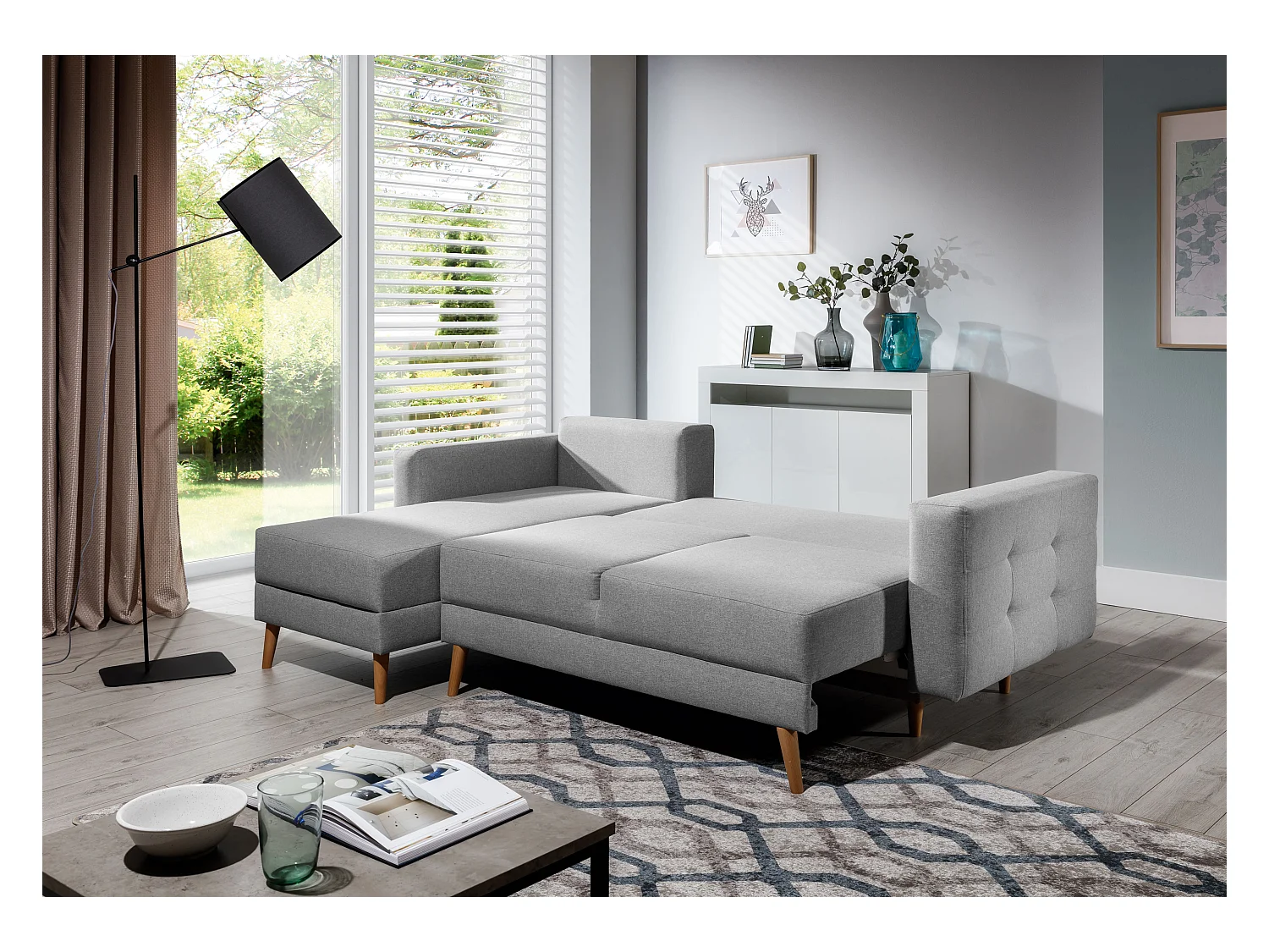 Canapé d'angle réversible et convertible velours gris clair Anska 235cm