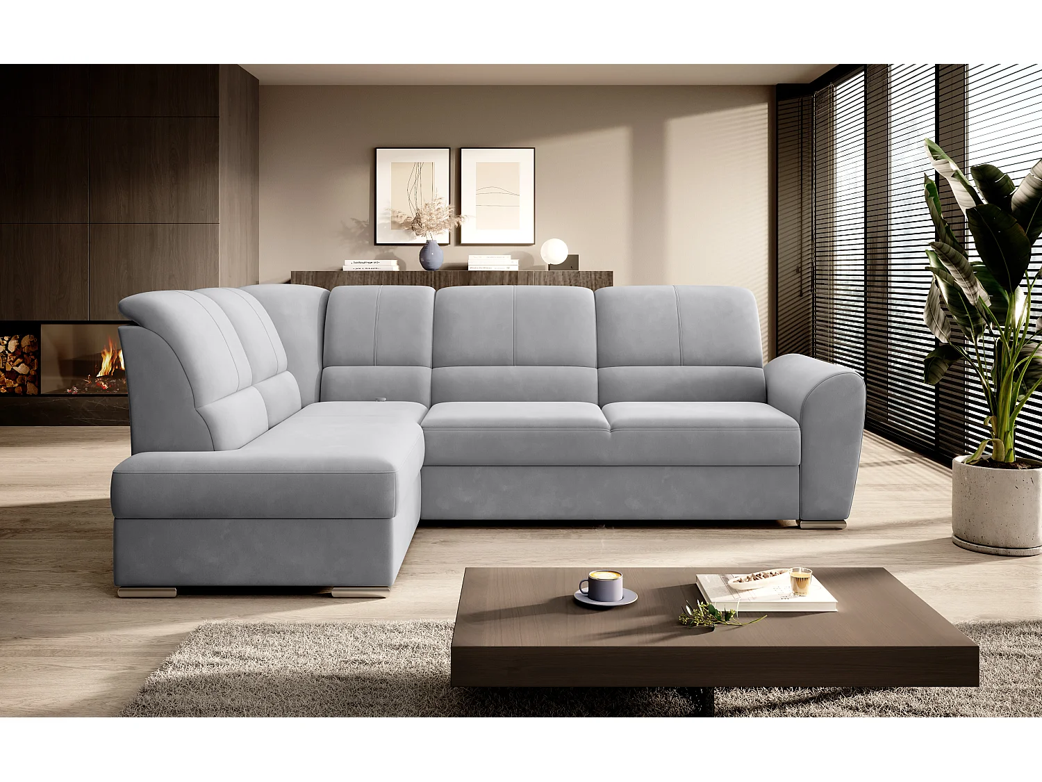 Canapé angle gauche convertible velours gris clair et pieds acier chromé Zabor 270cm