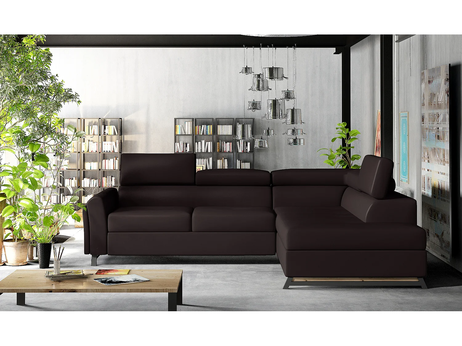 Canapé angle droit convertible simili cuir marron avec têtières réglables Nikos 265cm