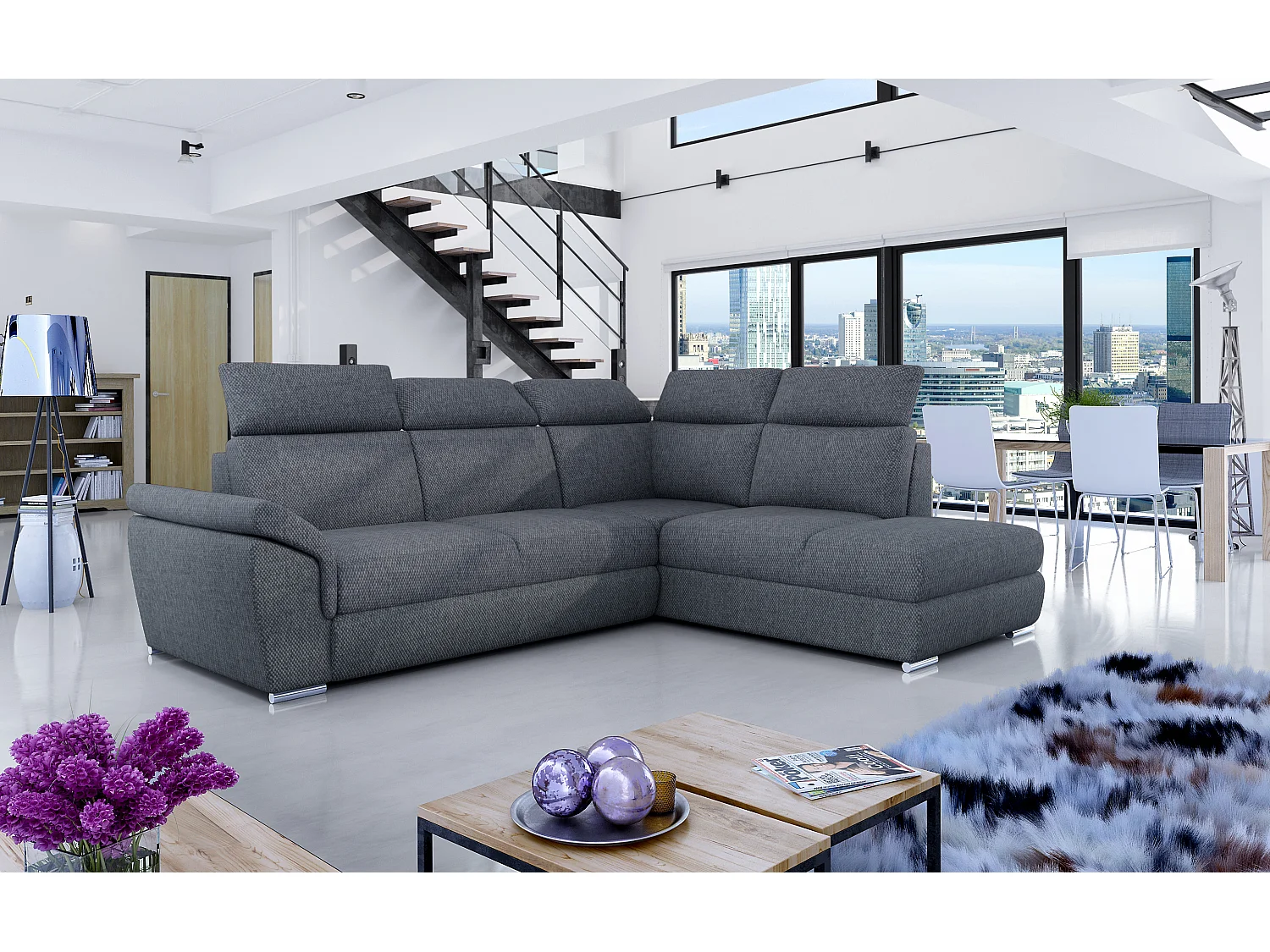 Canapé angle droit convertible tissu gris foncé chiné avec appuis-tête réglables Kepita 260cm