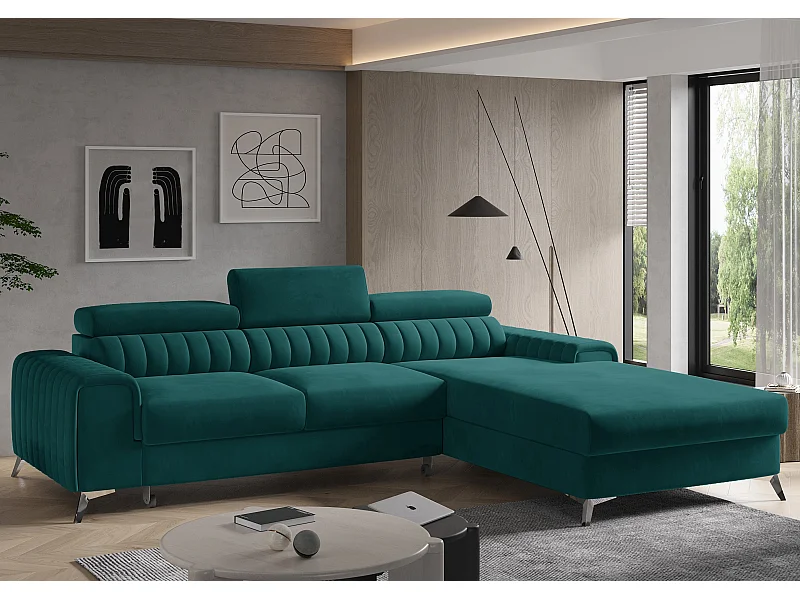 Canapé convertible angle droit velours vert Grenky 276cm