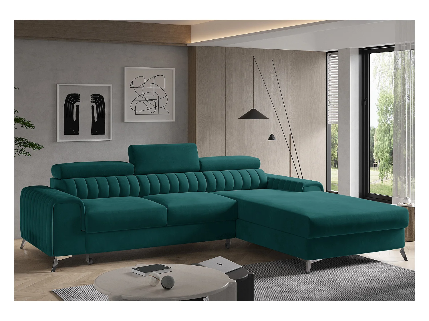 Canapé convertible angle droit velours vert Grenky 276cm