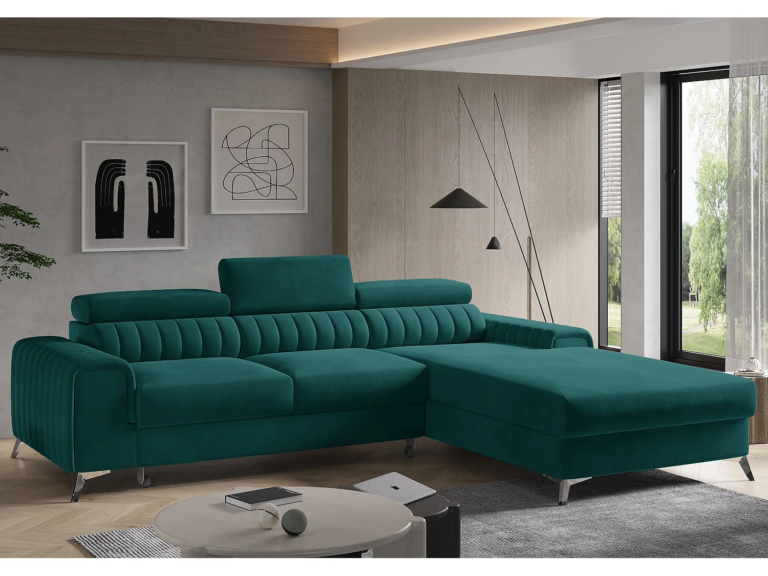 Canapé convertible angle droit velours vert Grenky 276cm