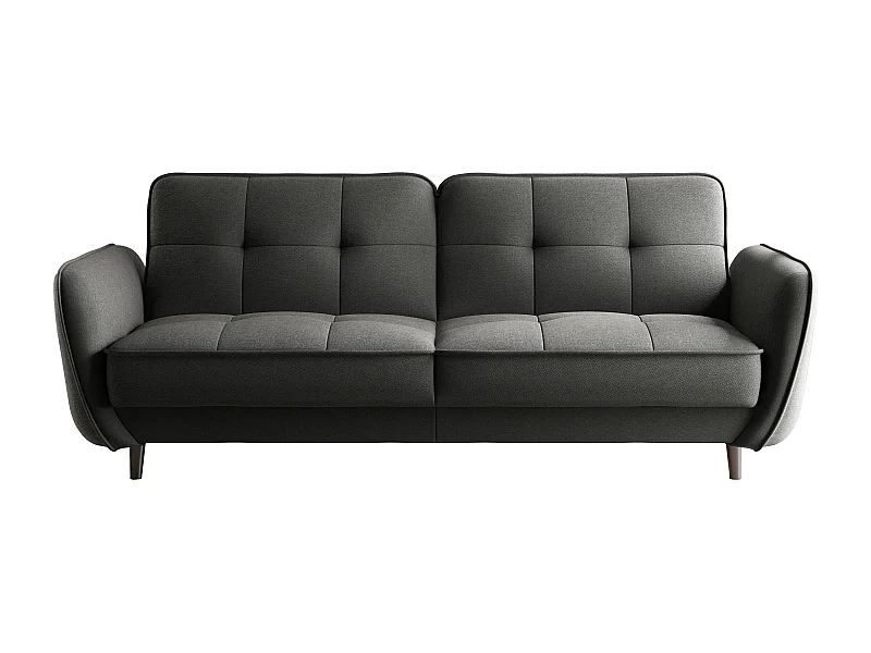 Canapé convertible 3 places tissu gris foncé capitonné et pieds bois noir Bizza 220cm