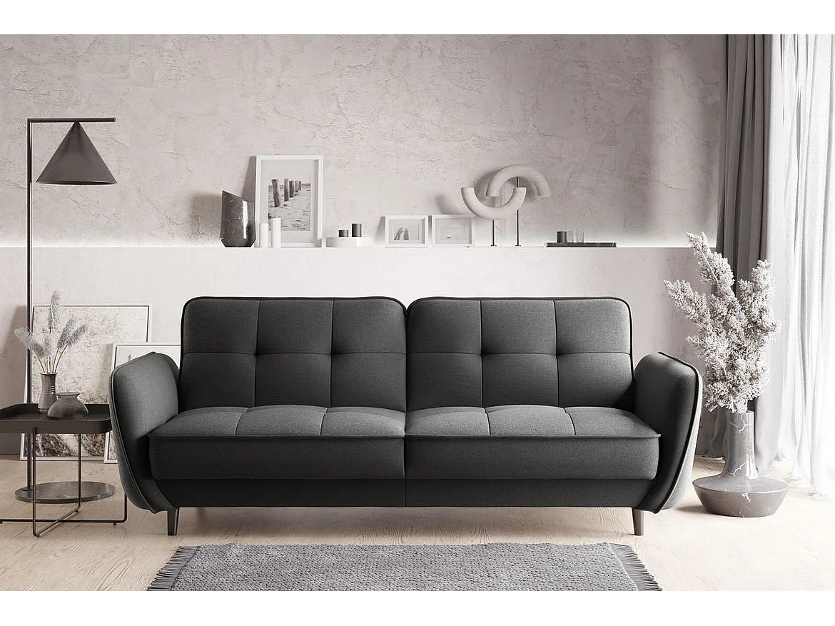 Canapé convertible 3 places tissu gris foncé capitonné et pieds bois noir Bizza 220cm