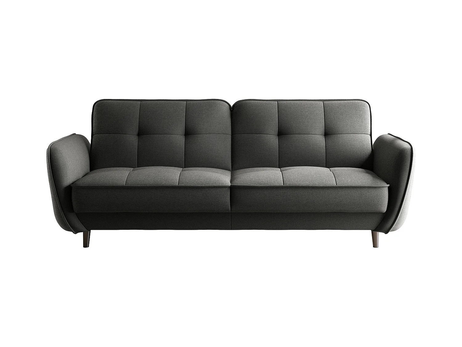 Canapé convertible 3 places tissu gris foncé capitonné et pieds bois noir Bizza 220cm
