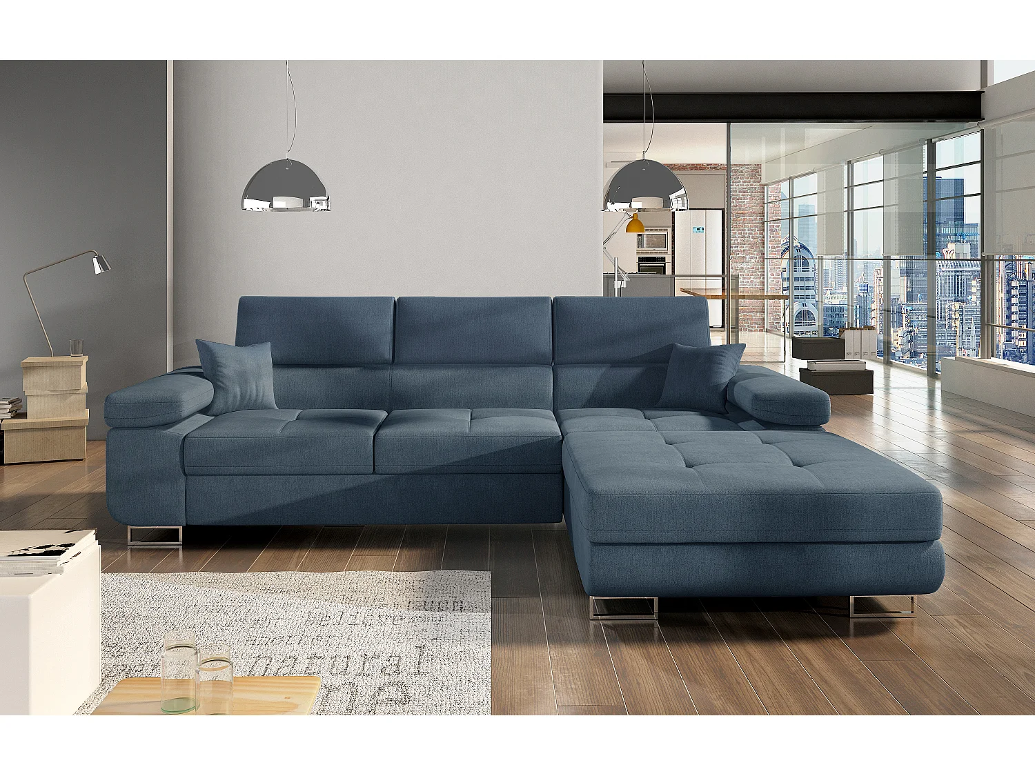 Ombouwbare hoekbank rechts in mineraalblauwe stof met opbergruimte Wile 280 cm