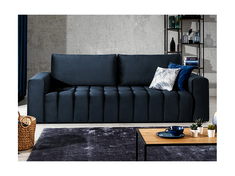 Canapé convertible 3 places velours bleu marine avec coffre de rangement Larko 245cm
