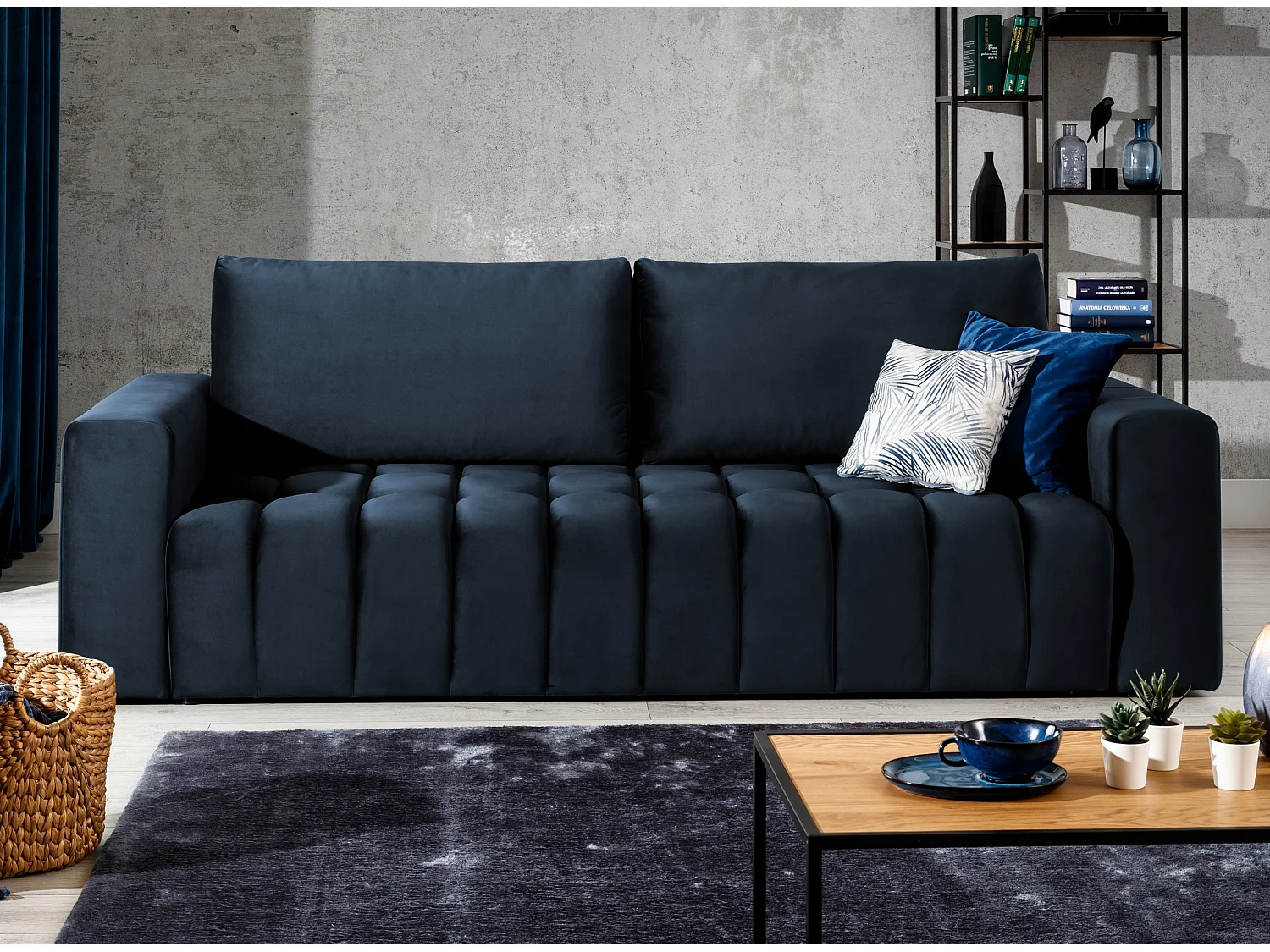 Canapé convertible 3 places velours bleu marine avec coffre de rangement Larko 245cm