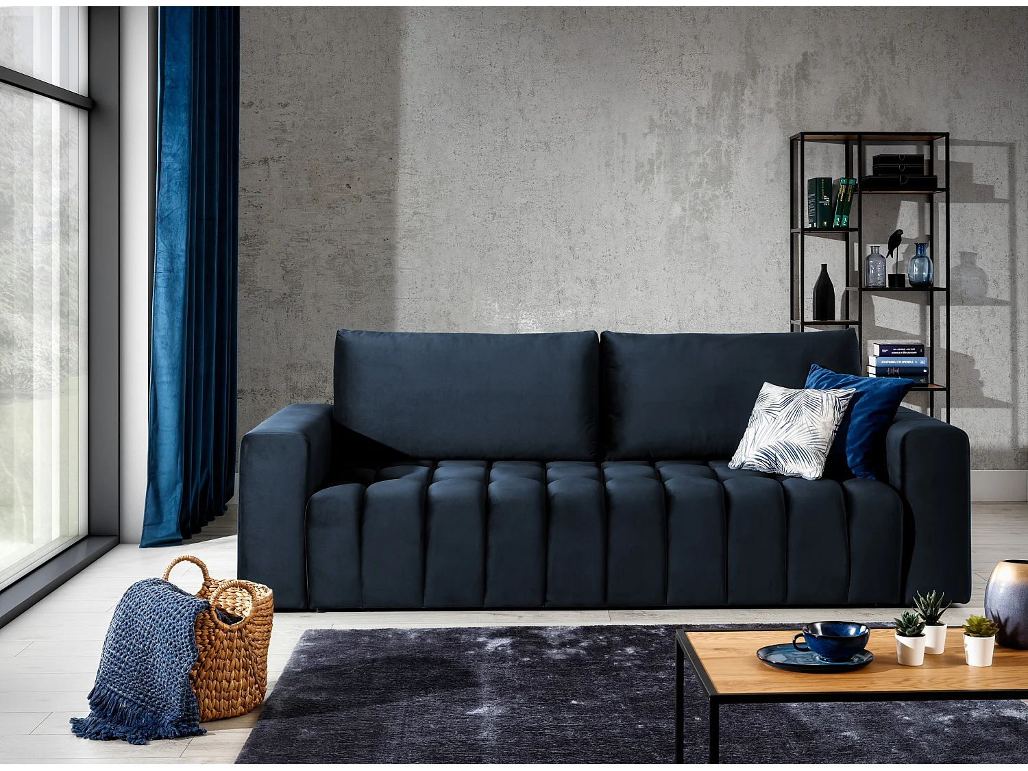 Canapé convertible 3 places velours bleu marine avec coffre de rangement Larko 245cm