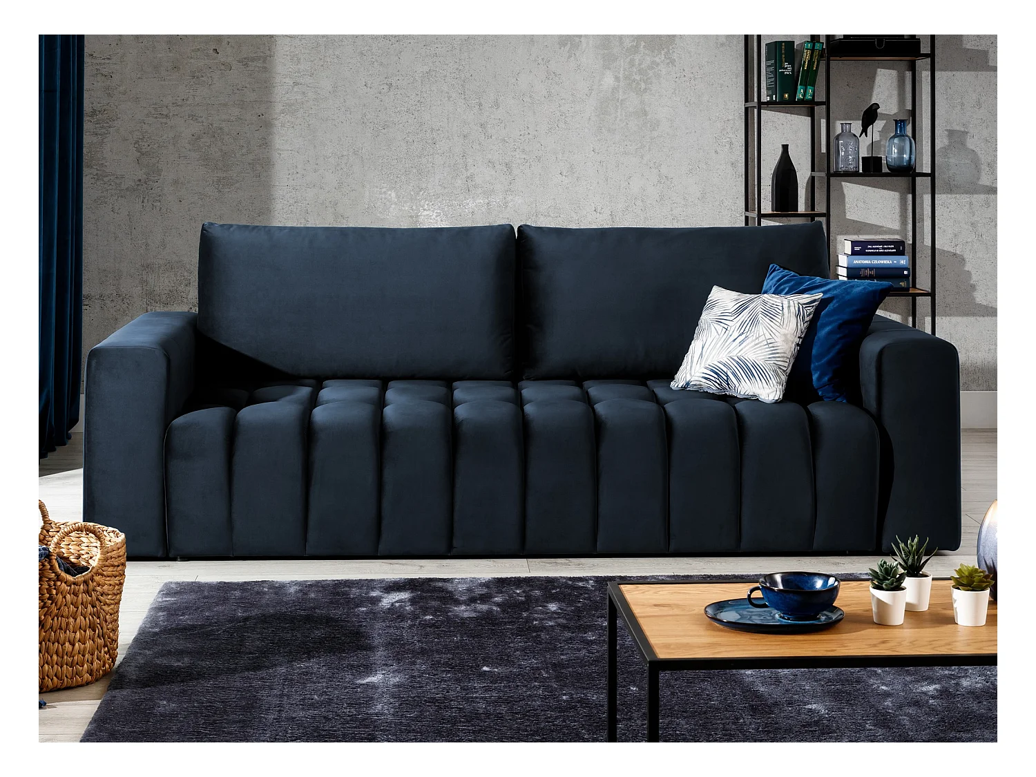 Canapé convertible 3 places velours bleu marine avec coffre de rangement Larko 245cm