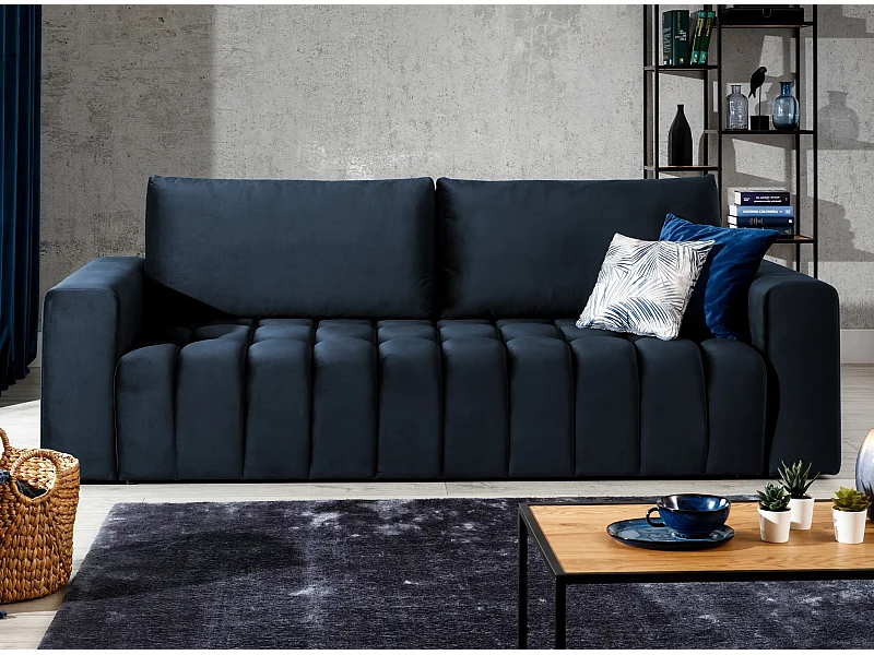 Canapé convertible 3 places velours bleu marine avec coffre de rangement Larko 245cm