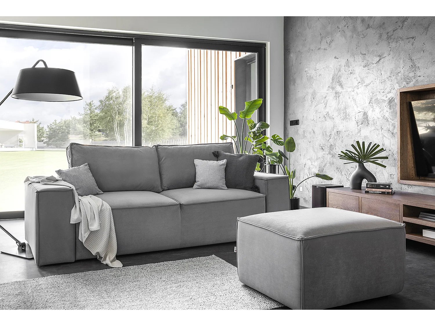 Grand canapé convertible en velours WILACE - Confort moderne et élégant-Gris souris