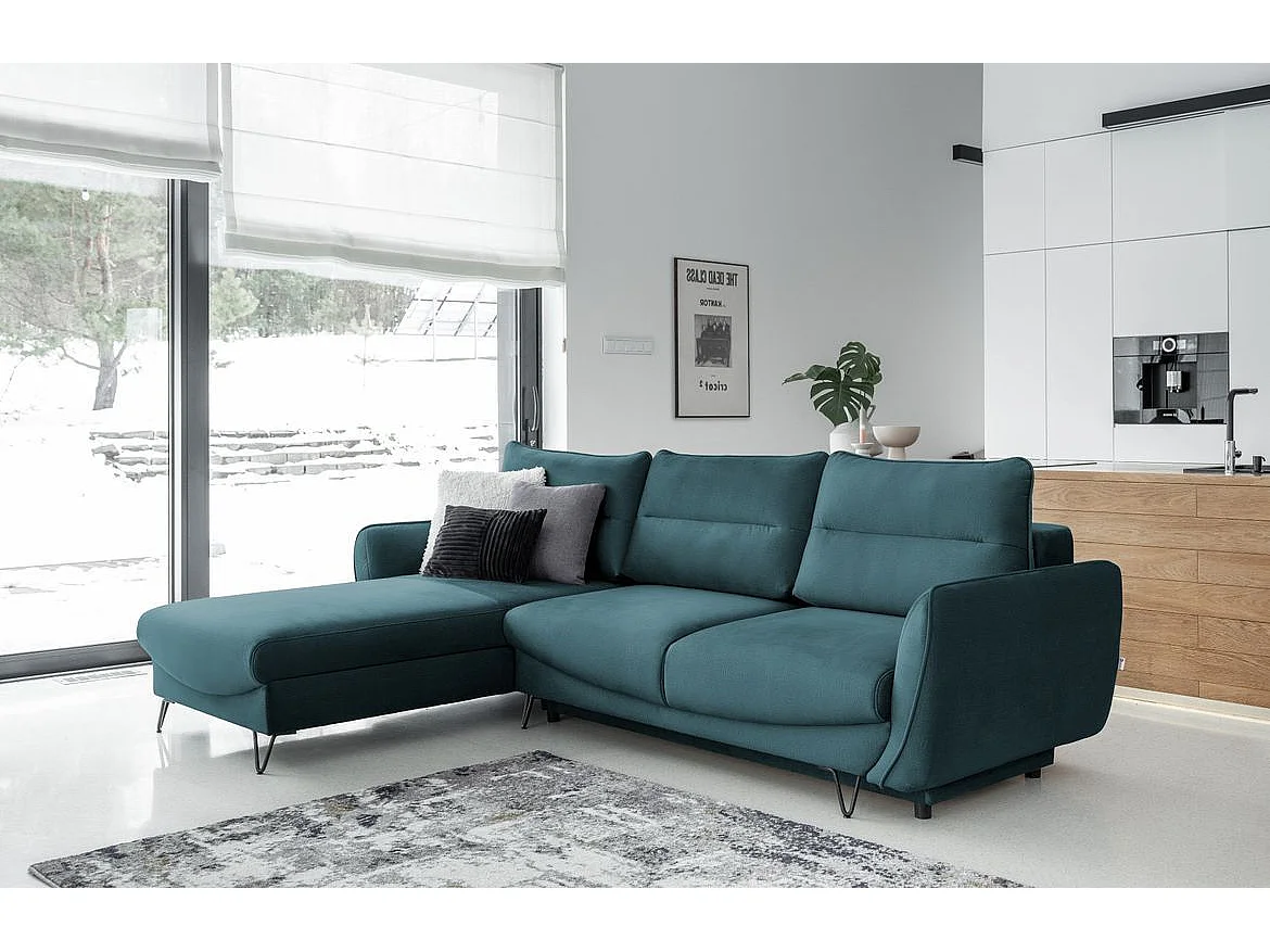 Canapé d'angle gauche convertible velours vert bleuté Zurik 276cm