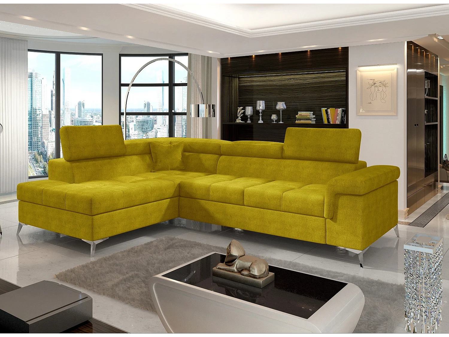 Canapé convertible d'angle gauche tissu jaune moutarde Marido 275cm