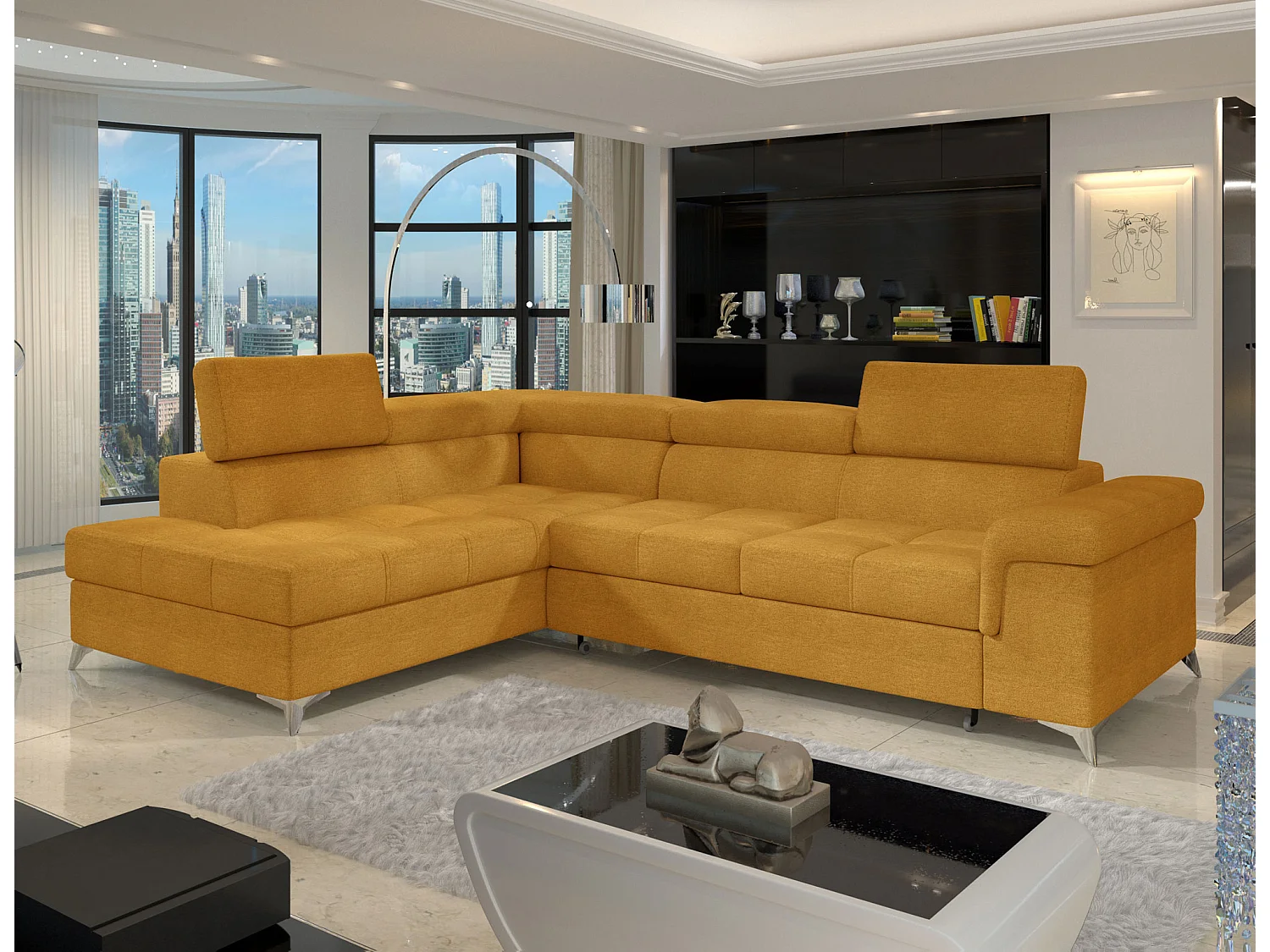 Canapé d'angle convertible tissu MARIDO - Coffre et appuis-tête réglables-Jaune chamoix-angle gauche