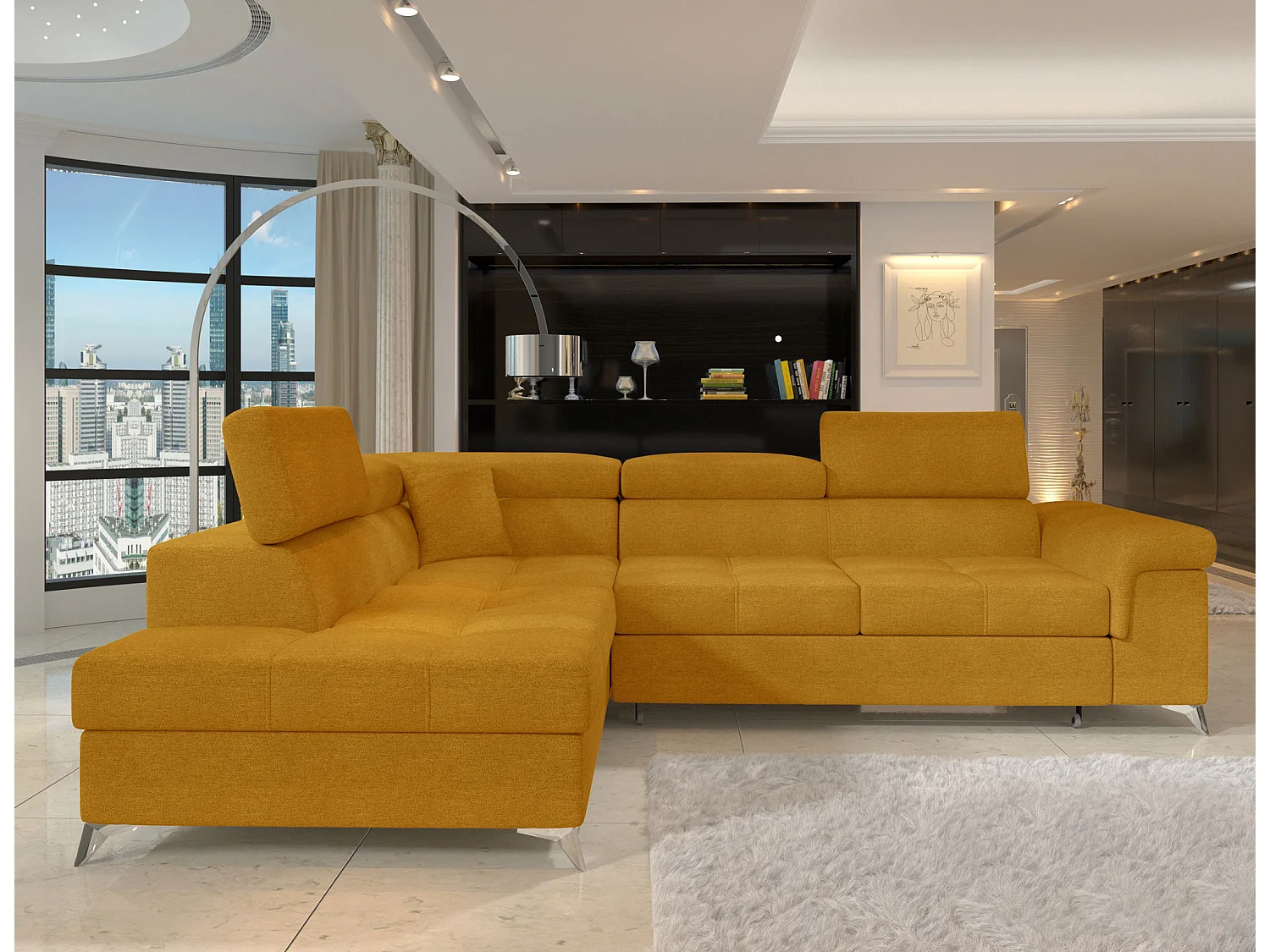 Canapé d'angle convertible tissu MARIDO - Coffre et appuis-tête réglables-Jaune chamoix-angle gauche