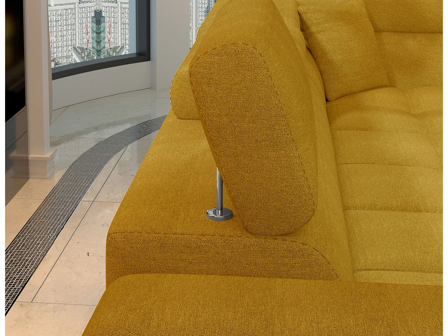 Canapé d'angle convertible tissu MARIDO - Coffre et appuis-tête réglables-Jaune chamoix-angle gauche