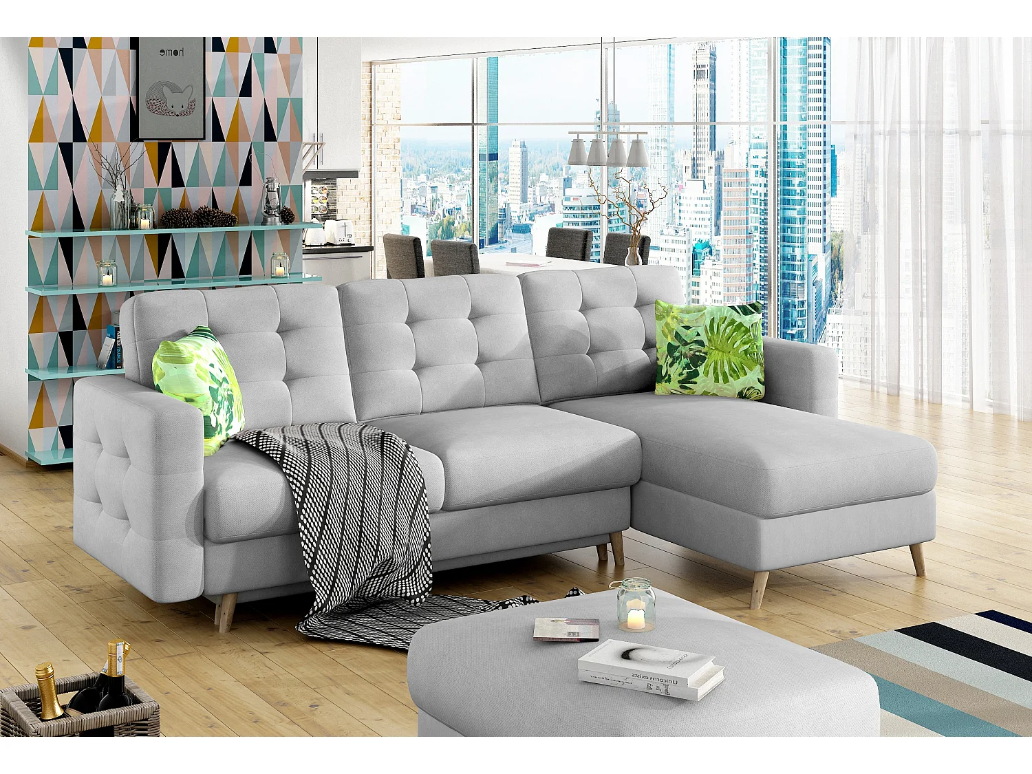 Canapé d'angle réversible et convertible tissu doux gris clair Anska 250cm