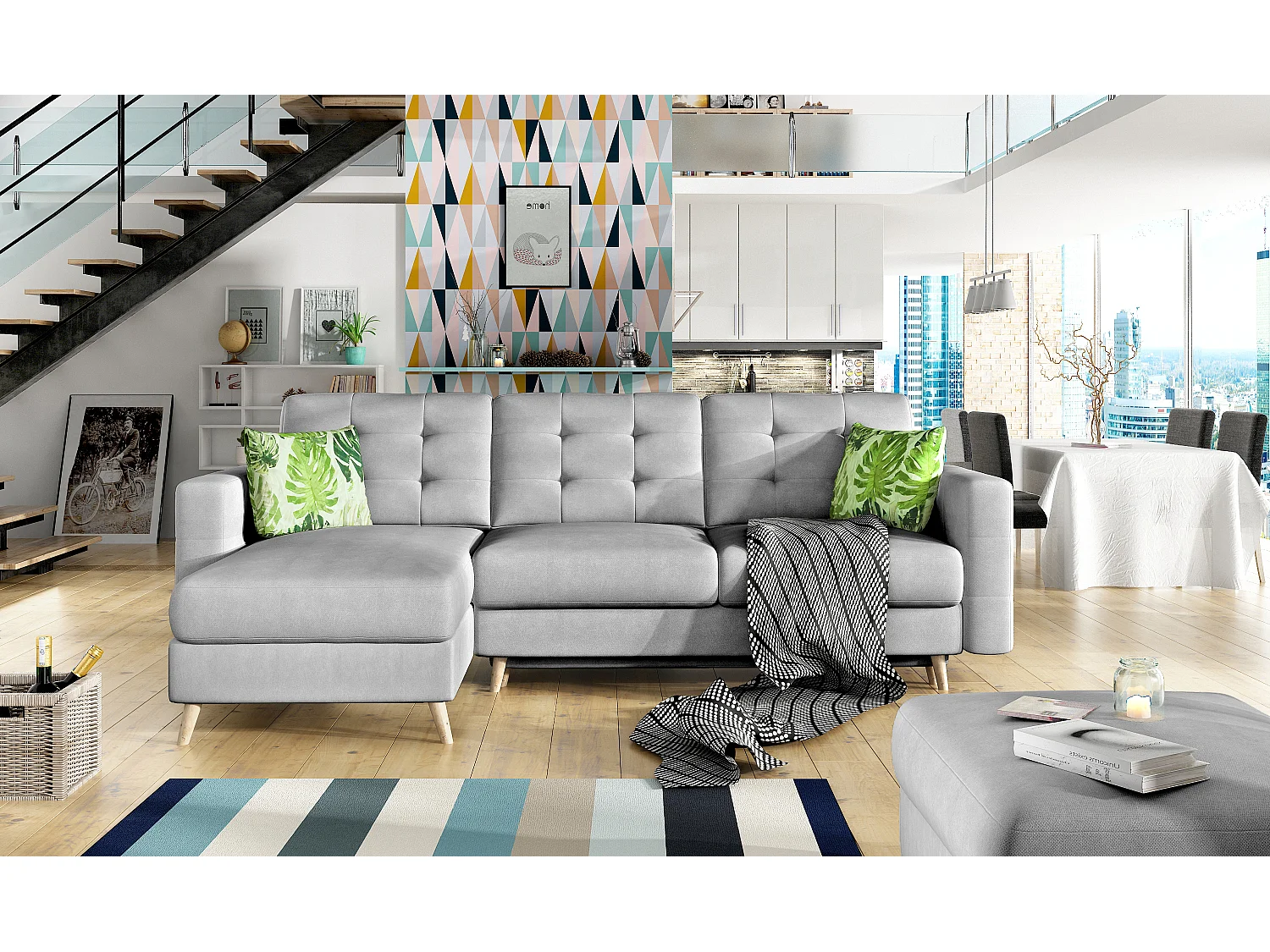 Canapé d'angle réversible et convertible tissu doux gris clair Anska 250cm