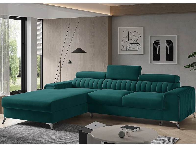 Canapé convertible angle gauche velours vert Grenky 276cm