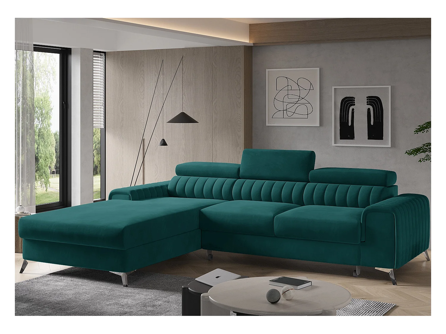 Canapé convertible angle gauche velours vert Grenky 276cm