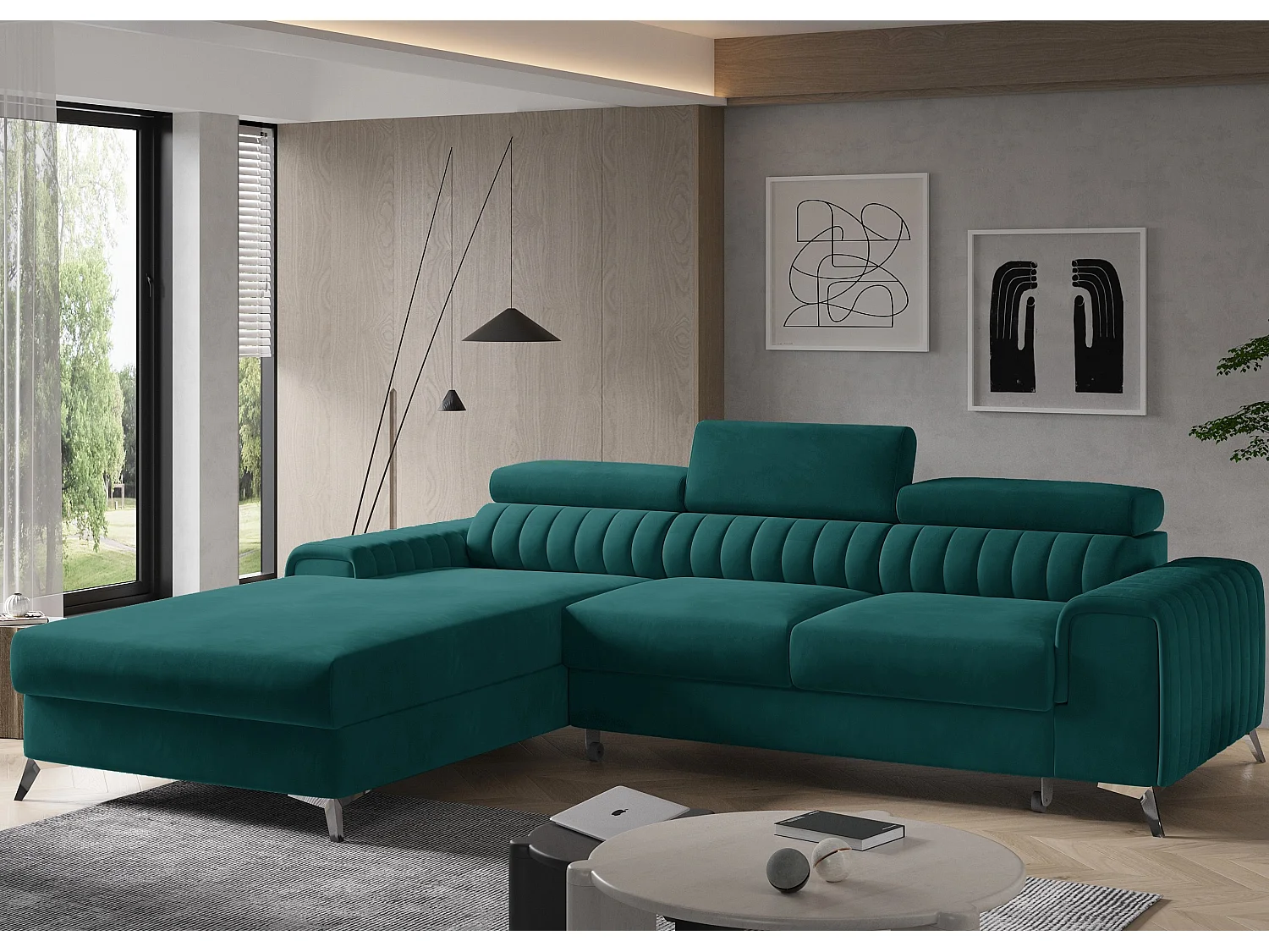 Canapé convertible angle gauche velours vert Grenky 276cm