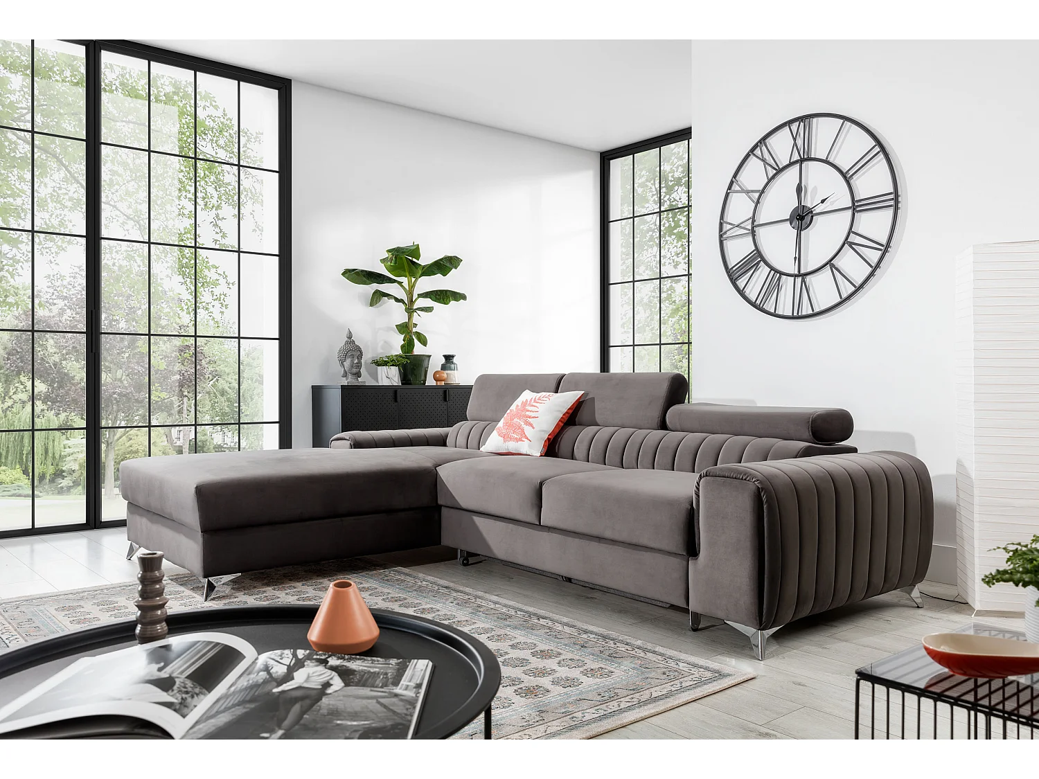 Canapé convertible angle gauche velours vert Grenky 276cm