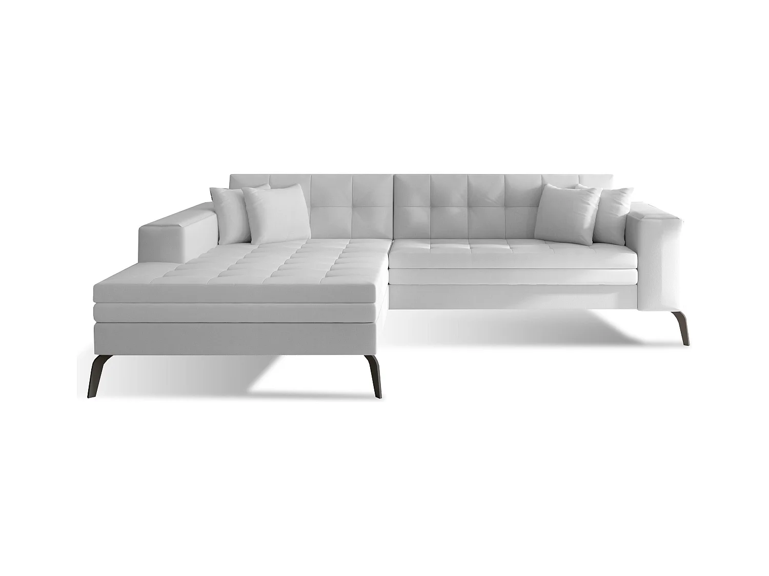 Canapé convertible capitonné angle gauche simili cuir blanc et pieds métal noir Lazor 295cm