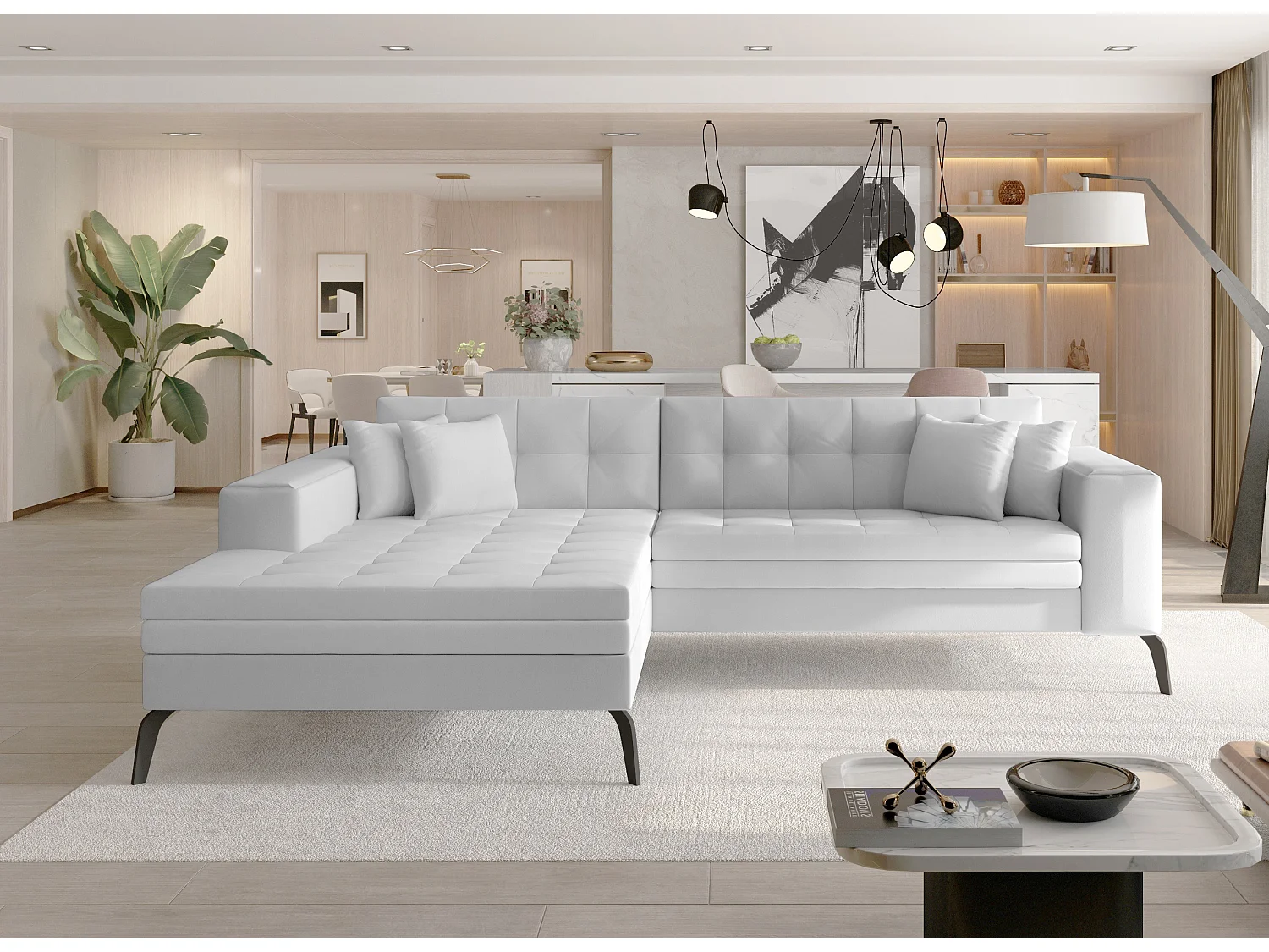 Canapé convertible capitonné angle gauche simili cuir blanc et pieds métal noir Lazor 295cm