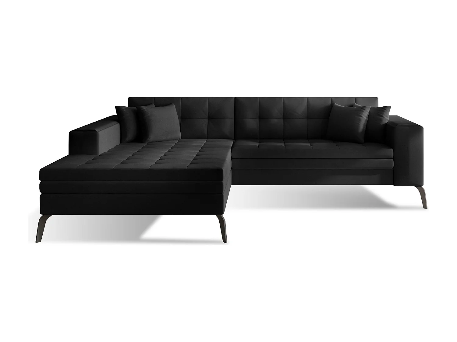 Canapé convertible capitonné angle gauche simili cuir noir et pieds métal noir Lazor 295cm